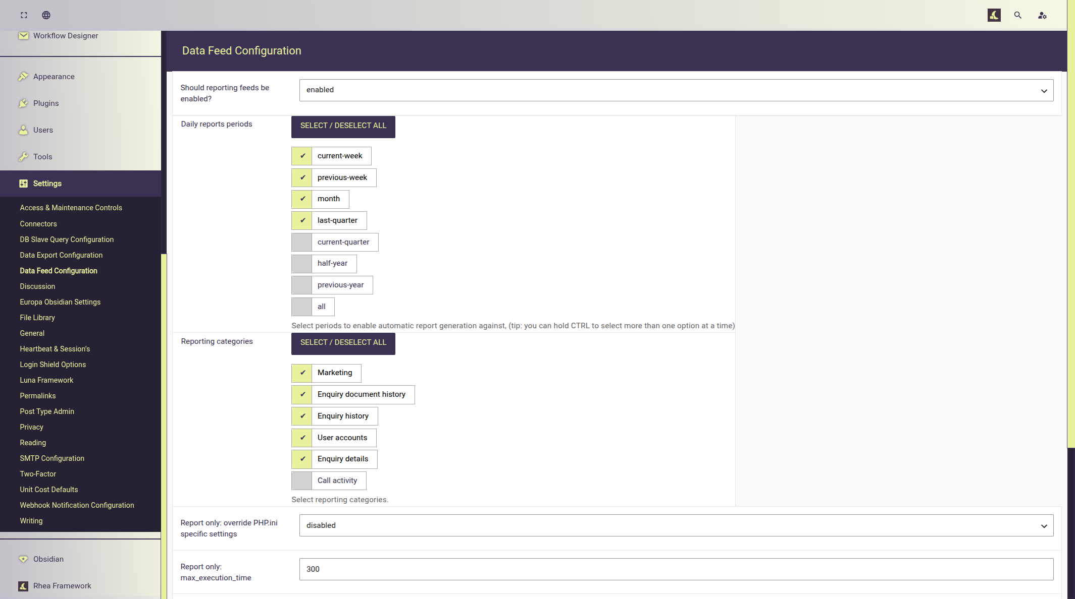 Screenshot showing options available to Luna data feeds integration