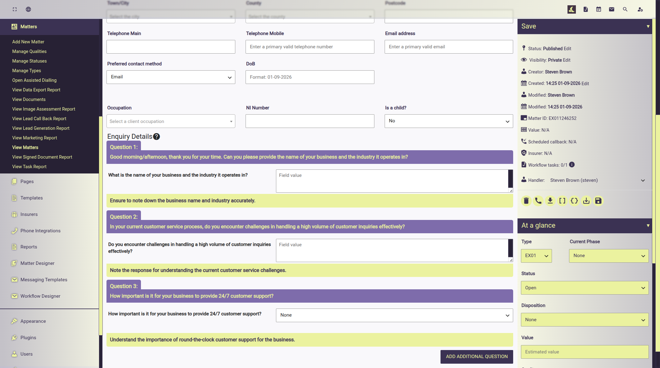 Messaging widget example showing an active template